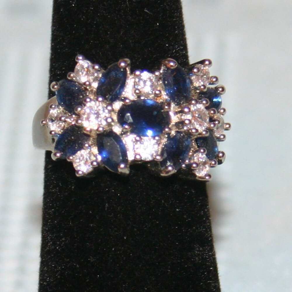 Silver Tone Sapphire Blue and Diamond Fashion Ring Size 6 or 9 1/2 - RG1